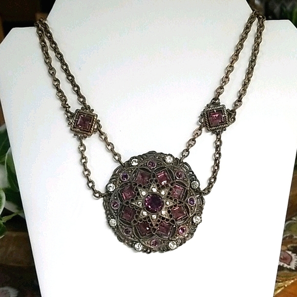 Vintage Antique 1920s Art Deco Gold Tone Brass Rhinestone Medallion Necklace - Picture 11 of 16